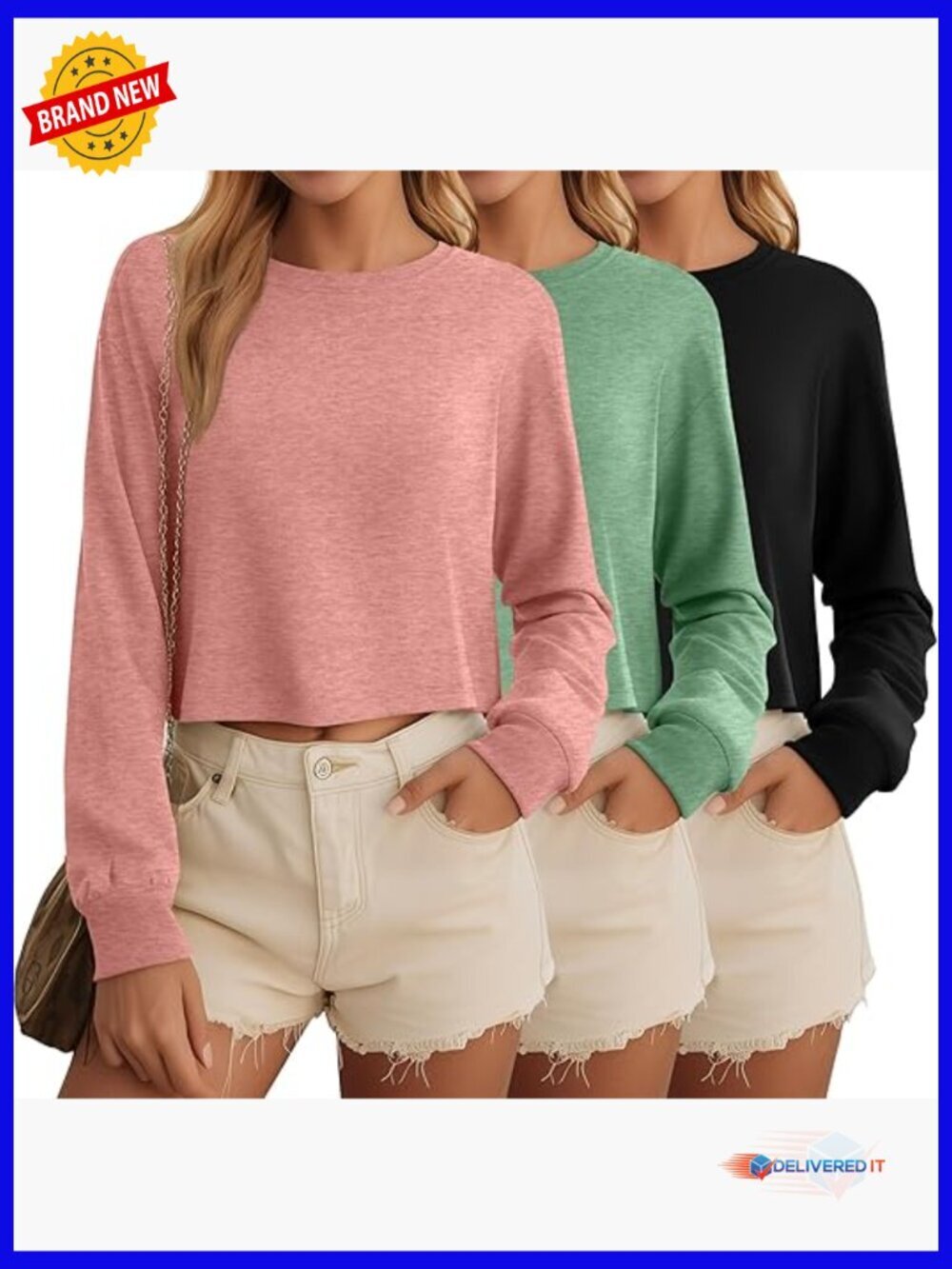 3 Pack Cropped Long Sleeve Tops for Women Loose Fit Crew Neck Drop Shoulder